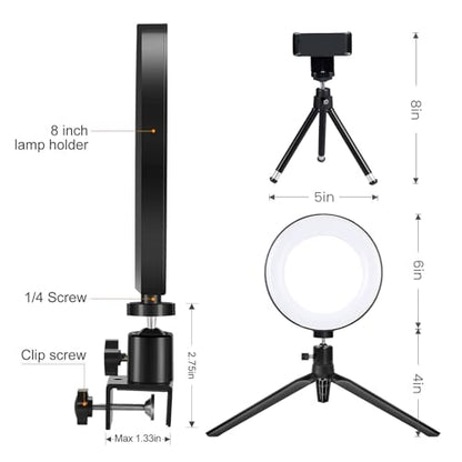 2 in 1 LED 6" Ring Light with Tripod Stand & Clamp for YouTube Video and Makeup, Mini LED Camera Light with Cell Phone Holder Desktop Lamp with 3 Light Modes & 11 Brightness Level - size: 6 inch with Tripod and Clamp