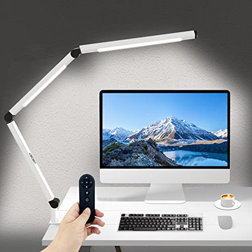 Micomlan LED Desk Lamp for Home Office, Architect Clamp Desk Lamp with Remote Control, Adjustable Dimmable Swing Arm Clamp on Table Light Clip-on Dual Light 5 Brightness Levels & 4 CCT Modes - color: White+Remote