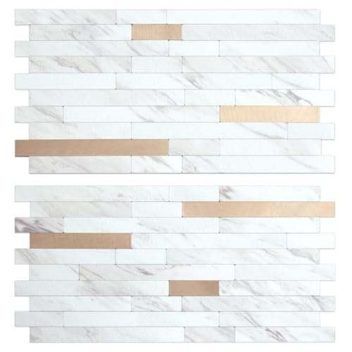 AULIGET 2 Sheets Faux Stone White Marble Peel and Stick Backsplash, PVC Mixed Metal Champagne Gold Wall Tile Stick on Backsplash for Kitchen and Bathroom - color: Marble White + Champagne Gold, size: 2 Sheets, 6"x12"x0.12"