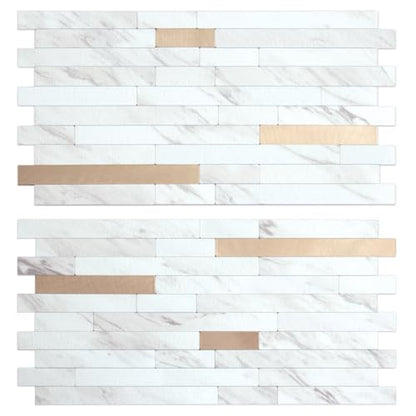 AULIGET 2 Sheets Faux Stone White Marble Peel and Stick Backsplash, PVC Mixed Metal Champagne Gold Wall Tile Stick on Backsplash for Kitchen and Bathroom - color: Marble White + Champagne Gold, size: 2 Sheets, 6"x12"x0.12"