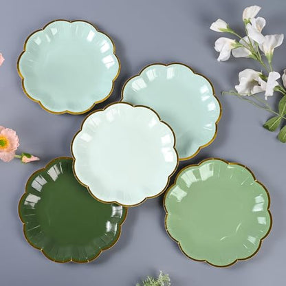 AimFun Sage Green Party Plates Gradient Green Dessert Paper Plate 7inch Gold Foil Scalloped Edge Disposable Cake Plates for Christmas Birthday Bridal Baby Shower Wedding Party Supplies (48) - color: Sage Green