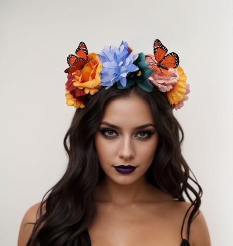 Elegant Butterfly Flower Headband for Women Boho Handmade Rose Floral Crown Wedding Bridal Festivals Cosplay Prom Photo Props Headpiece (C2 blue, Adjustable) - color: C2 blue