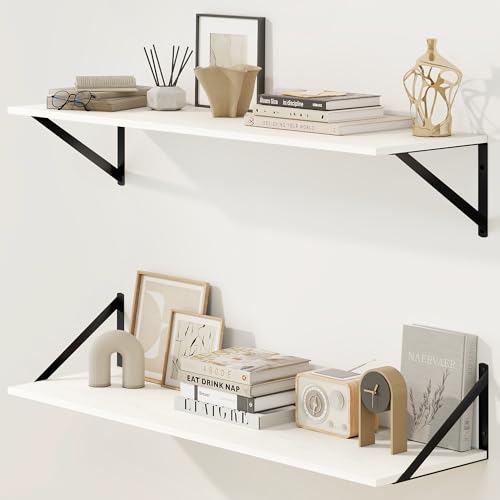 Fun Memories Deep Floating Shelves for Wall, 36W x 8D Wall Mounted Shelves Set of 2, Wide Display Ledge Shelf with Sturdy Metal Brackets for Living Room, Bathroom, Bedroom and Kitchen, White - color: A-white, size: 36"W x 8"D