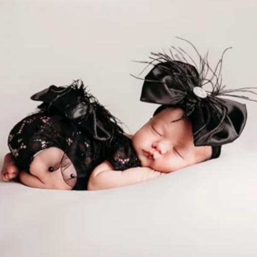 ForBaysy Newborn Photography Props Girls Outfit Feather Bow Lace Romper Newborn Dress - color: Black