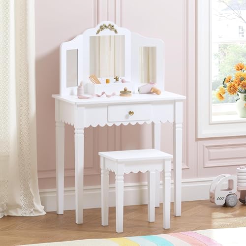 Spirich Kids Vanity Set with Mirror and Stool, Kids Make Up Vanity Desk for Little Girls, Children Makeup Dressing Table with Drawer - size: Golden bow