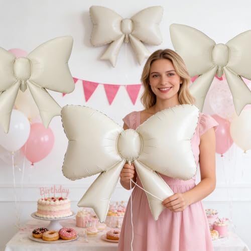 6PCS Cream Bow Balloons, 35 Inch Beige Bow Foil Balloon, Cream White Matte Helium Balloons, for Girls Women Birthday Wedding Engagement Valentine’s Day Proposal Baby Shower Party Decoration - style: Matt Bow Cream