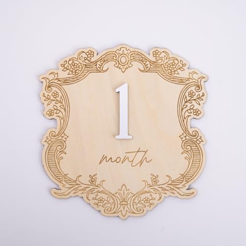 Vintage Wooden Baby Monthly Milestone Set, Elegant Engraved Frame with 3D Numbers and Month Months Signs, Newborn Photo Prop for Baby Monthly Pictures