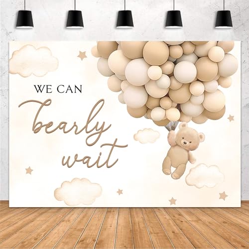 MEHOFOND 8x6ft Bear Baby Shower Backdrop We Can Bearly Wait Baby Shower Party Decorations for Boy Hot Airs Balloons Watercolors Clouds Stars Photography Background Newborn Photo Booth Props (Brown) - color: Brown, size: 8x6ft