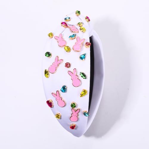 NVENF Easter Headbands for Women Beaded Rabbit Bunny Headband White Pink Crystal Pearl Knotted Hairband Happy Easter Accessories Spring Holiday Headwear Outfits Gifts (Bunny C - White) - color: Bunny C - White
