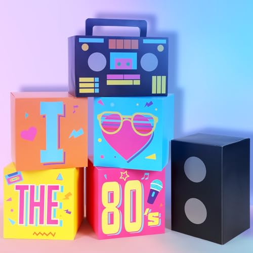 Amyhill 6 Pcs Large 80s Party Decorations Hip Hop Favor Set Paper Party Boxes Novelty Disco Theme Decoration for Retro 1980s 1990s Theme Birthday Neon Disco Music Supplies - style: 80s