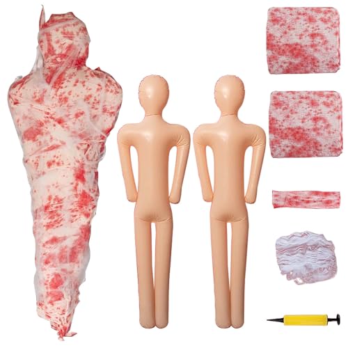 2 Sets Halloween Hanging Cocoon Corpse, 64'' Bloody Inflatable Cocoon Outdoor Decoration Set with Bandage, Scary Dead Body Prop Decor for Outdoor Halloween Party House Yard (Red) - color: Red