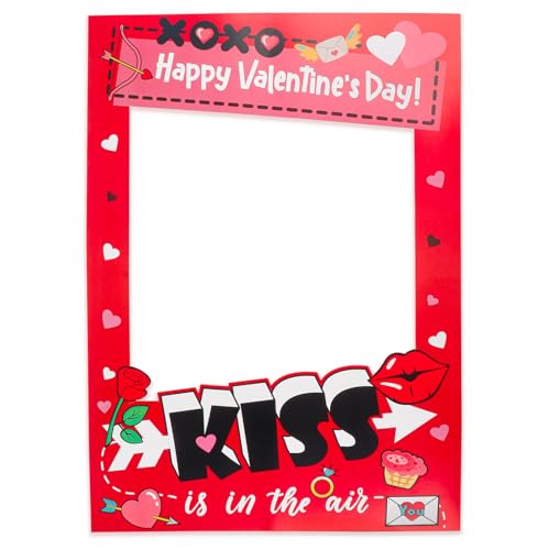 Valentine's Day Photo Booth Frame - Red Pink Kiss is in The Air Funny Paper Photo-Props Background Photography, Romantic Valentine's Day Party Supplies for Couples, Galentine's & Date Night - color: Valentine Party Photobooth Props