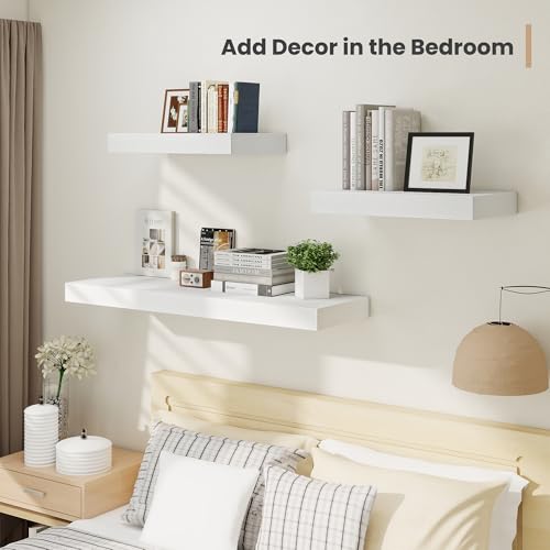 Heimlove 24 x 12 Inch Deep Floating Shelves Wall Mounted with Invisible Brackets, Storage Hanging Shelf for Wall Decor in Bathroom, Bedroom, Toilet, Kitchen, Living Room, Office, Set of 2, White - color: White, size: 24"W x 12"D x 2"H, Set of 2