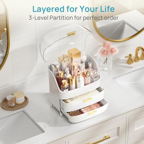 Vtopmart 3-Tier Skincare Makeup Organizer with Drawers and Lid for Vanity and Bathroom Countertop, Large Cosmetic Storage Box Case for Dresser, with Non-Slip Base - style: with Lids