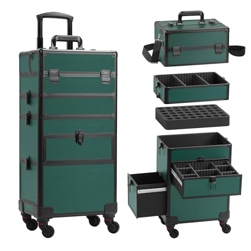 Somduy Rolling Makeup Case with Drawer, Makeup Train Case, 4 in 1Cosmetology Case on Wheels, Christmas Gift, Large Makeup Case Organizers, Profesional Cosmetic Case for Salon Barber, Green - color: Green