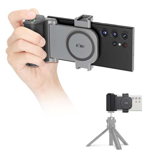KIWIFOTOS Travel Phone Camera Grip Smartphones Camera Handle with Remote Control for iPhone 17 16 Pro Max Samsung Galaxy S25 S24 Selfie Vlog Video Shooting(Tripod NOT Included) - color: Clip on Phone Camera Grip Gray