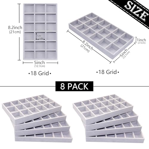8 Pack Earring Organizer Holder Velvet Jewelry Tray for Drawer Stackable Jewelryy Organizer Divided Display Tray for Earring 18 Grids - color: Grey