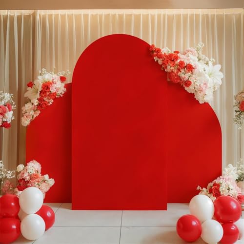 Set of 3 Wedding Arch Backdrop Cover - High Elasticity Fitted Round Top and Half Moon Double Sided Backdrop for Wedding Baby Shower Birthday Decoration (5ft 7.2ft 5ft) - color: Red