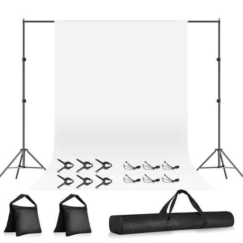10×7FT White Backdrop with Stand Kit, 6×9FT White Screen Background with Photography Stand, 6 Clamps and Carrying Bag for Photo Shoot, Video Recording, Streaming, Decoration - color: White