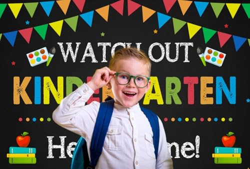 Kindergarten Graduation Backdrop 6x4ft Back to School Banner Watch Out Here I Come First Day of School Preschool Kids Classroom Party Decoration Supplies Banner Photo Booth Studio Prop - size: 9x6