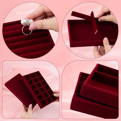 4 Pack Stackable Velvet Jewelry Trays Organizer Drawer Inserts Container Display Storage Box for Necklaces Bracelets (Red)