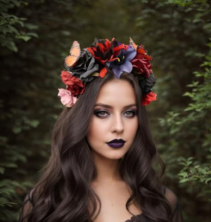 Elegant Butterfly Flower Headband for Women Boho Handmade Rose Floral Crown Wedding Bridal Festivals Cosplay Prom Photo Props Headpiece (C2 red, Adjustable) - color: C2 red