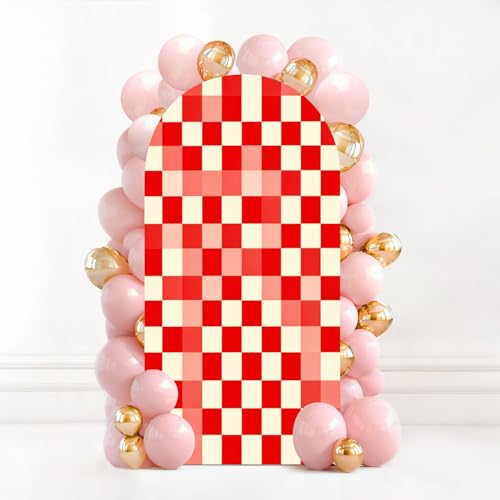 6.6FT Wedding Arch Backdrop Cover red White Checkered Seamless Red White Graphic Checkered Spandex Fitted Fabric Round Top Stretchy Stand Covers for Baby Shower Birthday Party Decoration - color: Color6, size: 6.6x3.3 FT