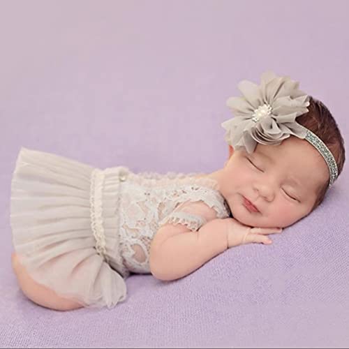 Newborn Photography Props Outfits Princess Baby Girl Pearl Lace Rompers Headdress Infant Baby Girl Photoshoot Costume - color: Gray