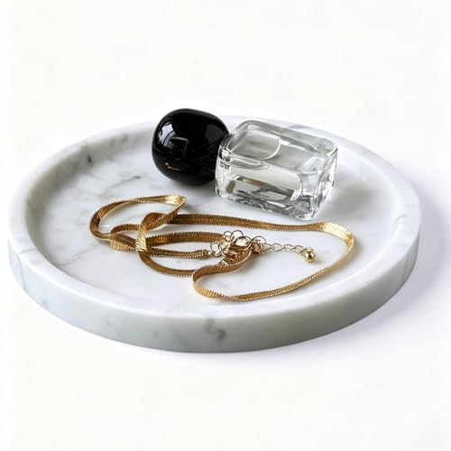 Marble Tray - 6" Jewelry Dish & Vanity Decor, Natural Stone Tray for Bathroom Kitchen Countertop, Small Trinket & Ring Organizer for Brides & Home (Calacatta White Round) - color: Calacatta White R