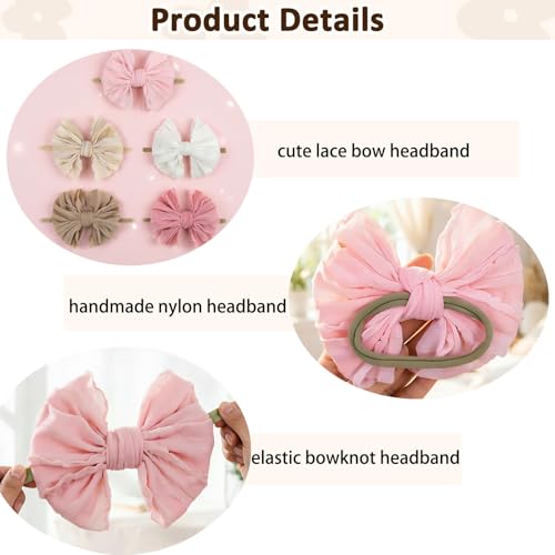 5PCS Baby Girl Bow Headbands Soft Stretchy Nylon Hair Bows for Newborn Infant Toddler Cute Solid Color Bowknot Headwear for Party Photo Props Gifts(Mixed, Elastic)