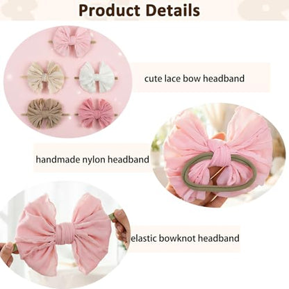 5PCS Baby Girl Bow Headbands Soft Stretchy Nylon Hair Bows for Newborn Infant Toddler Cute Solid Color Bowknot Headwear for Party Photo Props Gifts(Mixed, Elastic)