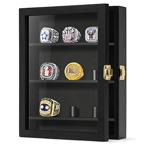 TJ.MOREE Championship Ring Display Case, 9 Posts Baseball & MoreDisplay Case, 8x10 Wall Mount Wooden Glass Shadow Box with Locks - Black - color: 9 Posts-black-rectangle