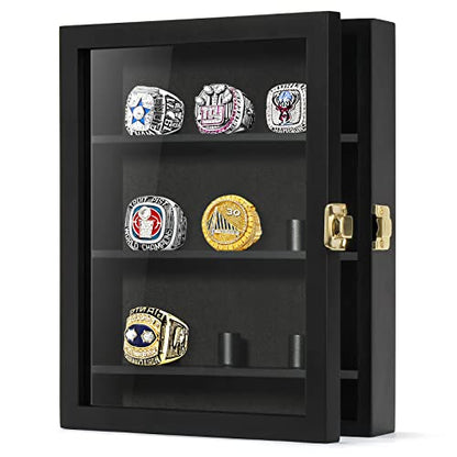 TJ.MOREE Championship Ring Display Case, 9 Posts Baseball & MoreDisplay Case, 8x10 Wall Mount Wooden Glass Shadow Box with Locks - Black - color: 9 Posts-black-rectangle