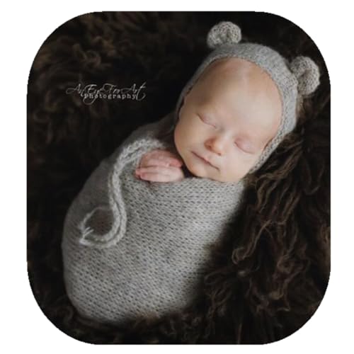 Newborn Photography Props Handmade Bear Hat Wrap Set for Baby Boys Girls Photoshoot Knitted Bonnet Blanket Photo - color: Grey