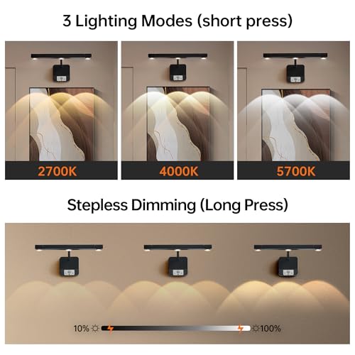 Motion Sensor Picture Light with Remote & Extendable Bar, 600 Lumens Dimmable LED Wall Light, 5000mAh Rechargeable Battery Operated for Artwork, Photos, Hallway, Bedroom,Black - color: Black 1 Pack