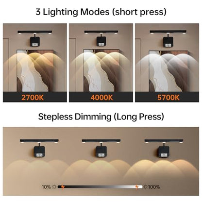 2 Pack Motion Sensor Picture Light with Remote & Extendable Bar, 600 Lumens Dimmable LED Wall Light, 5000mAh Rechargeable Battery Operated for Artwork, Photos, Hallway, Bedroom,Black - color: Black 2 Pack