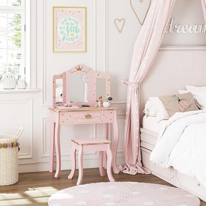 UTEX Kids Vanity Set with Mirror and Stool, Kids Make Up Vanity Desk with Mirrror for Little Girls, Children Makeup Dressing Table with Drawer, Pink - style: Pink-Crown