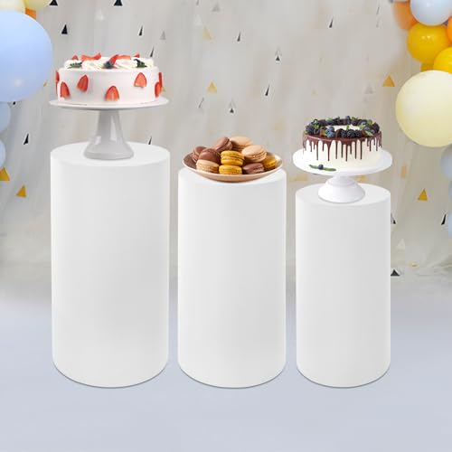 3 Pcs Cylinder Stands, Large White Cake Pedestal Tables(50cm, 55cm, 60cm), Round Reusable Dessert Display Plinth Pillars for Party Weddings or Banquets - size: 23.6''(l),21.6''(m),19.7''(s)