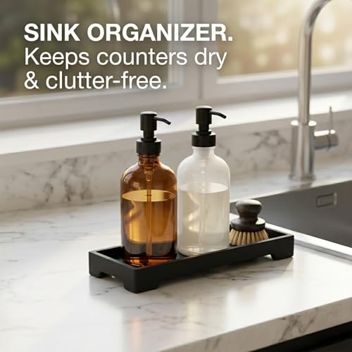 Countertop Vanity Tray - Silicone Bathroom Sink Organizer & Kitchen Soap Tray, Footed Anti-Slip Design, Waterproof Caddy for Perfume, Jewelry, Makeup, Bottle, Oil, Sponge Holder, Black (L10 x W 4.2") - color: Black