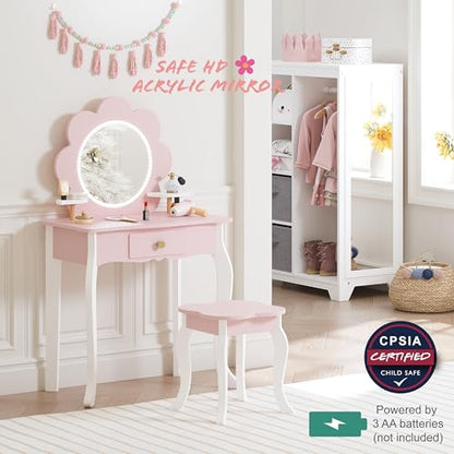 Spirich Kids Vanity, Girls Vanity Set with Mirror and Stool and Lights, Kids Vanity Table and Chair Set, Wooden Princess Makeup Desk Dressing Table (Flower Shape with LED Strip) - size: Flower Shape With Led Strip