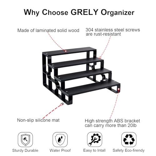 GRELY Waterproof Wooden Perfume Cologne Organizer for Men, 4 Tier 14 Inch Large Capacity Stand with ABS Frame, Anti-Slip for Dresser Bathroom (Black, 4 Tier 14.0") - size: 4 Tier 14.0"