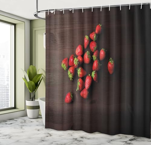 Ambesonne Fruits Shower Curtain, Summer Vibes Strawberries on a Rustic Background Food Art Printwork, Cloth Fabric Bathroom Decor Set with Hooks, 69" W x 75" L, Dark Brown and Dark Pink - color: Dark Brown and Dark Pink, size: 69" W x 75" L