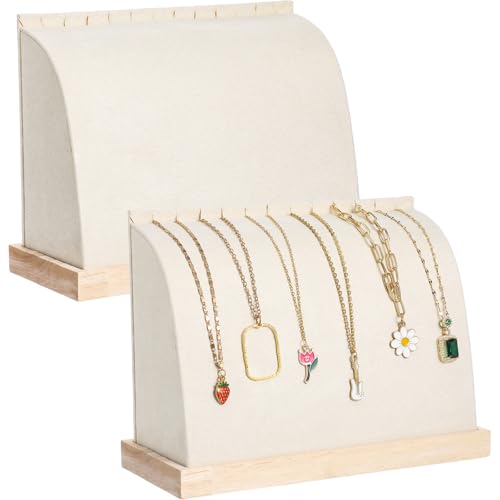 2 Pieces Cambered Wooden Necklace Display Stand with Soft Mat Necklace Holder Jewelry Display Beige Velvet Jewelry Organizer for Countertop Boutique Home