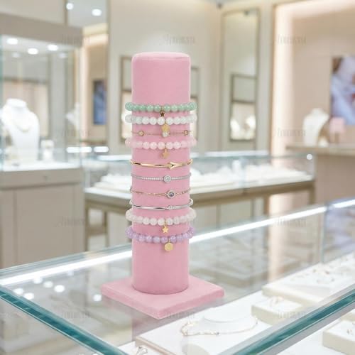 AUEAR, Velvet Vertical Tower Display Bracelet Hair Band T-Bar Holder for Headband Scrunchie (Pink, Square Bottom, 1-Pack)
