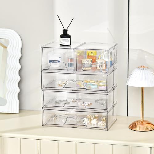 Stebopum 6 Pack Stackable Storage Drawers Clear Acrylic Organizer Makeup Bathroom Organizer and Storage Bins for Beauty Supplies,Ideal for Vanity, Bathroom,Pantry Organization - style: 4 Small+2 Wide