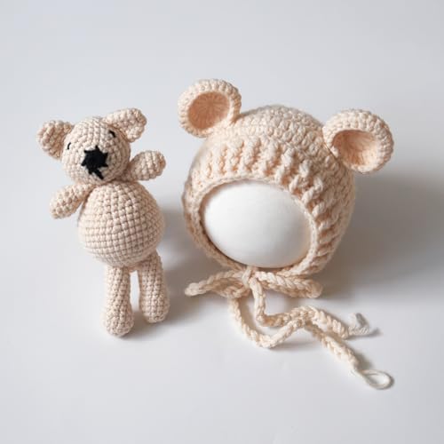 Zeroest Newborn Baby Boy Girl Photography Props Bear Hat Outfits Crochet Kint Handmade Cap Set for Newborn Photo Shoot - color: Beige
