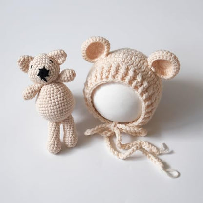 Zeroest Newborn Baby Boy Girl Photography Props Bear Hat Outfits Crochet Kint Handmade Cap Set for Newborn Photo Shoot - color: Beige