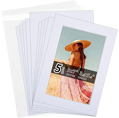 Falling in Art Acid Free 5 Pack 5x7 Pre-Cut Mat Board Show Kit for 4x6 Photos, Prints or Artworks, 5 Core Bevel Cut Matts and 5 Backing Boards and 5 Crystal Plastic Bags, White - size: 5x7-5 Pack