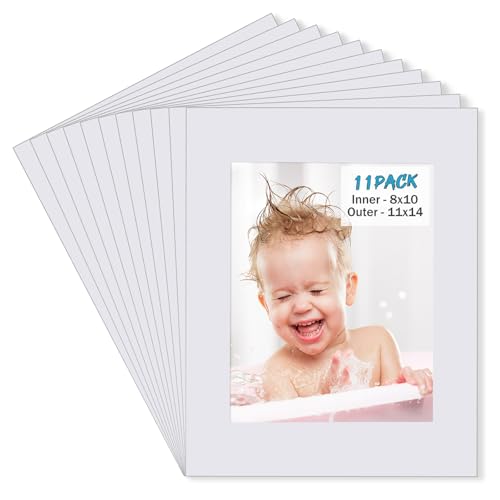 Egofine 11x14 White Picture Mats Pack of 11, Frame Mattes for 8x10 Pictures, Acid Free, 1.2mm Thickness, with Core Bevel Cut - color: White-11"x14" for Photos 8"x10" Pack of 11