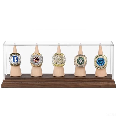 Championship Ring Display Case Baseball Softball Football Ring Holder for 5 Rings Wanult Wood Base Acrylic Sports Ring Display Case Stand for Men Wooden Ring Box for Women Memorabilia Showcase Cube